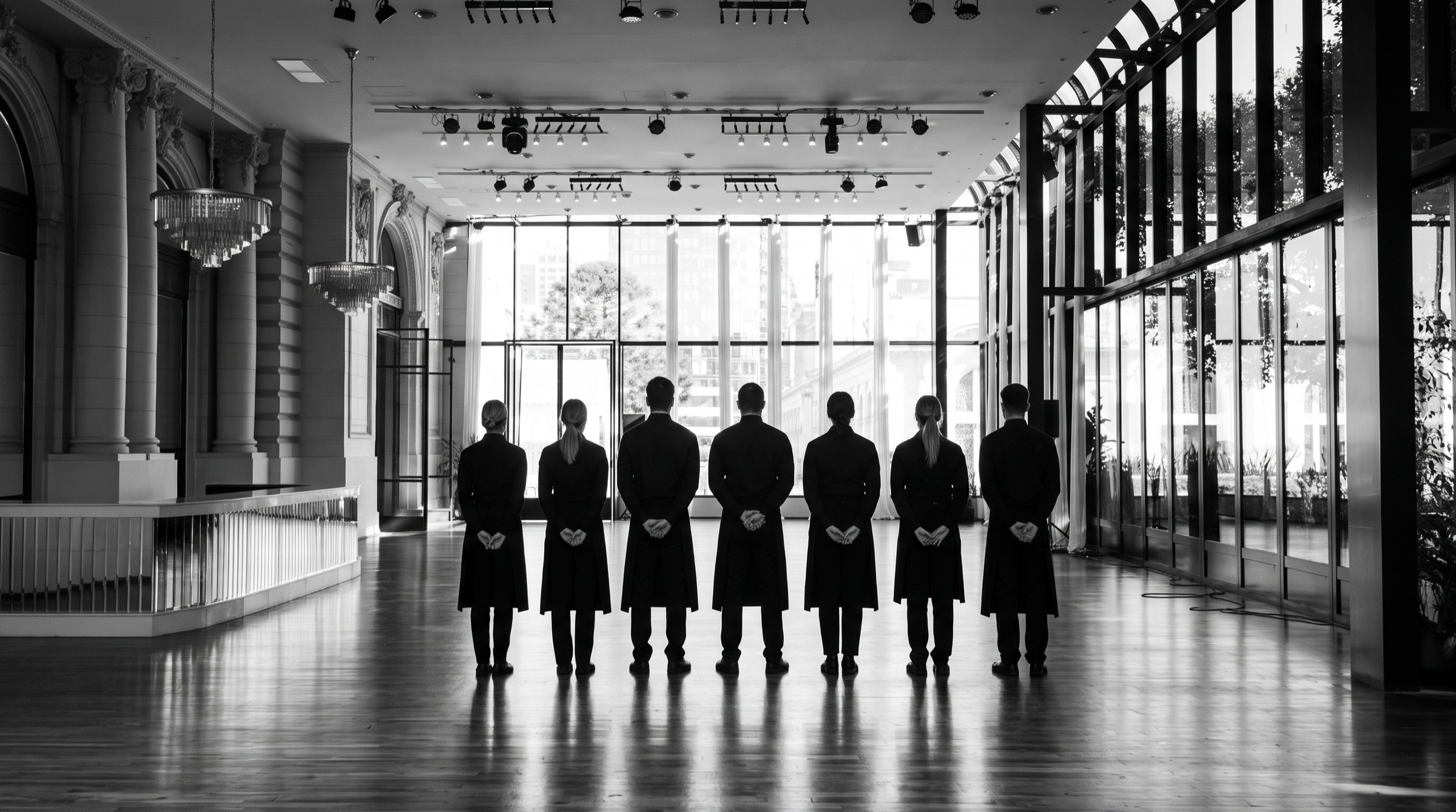Equipo de camareras y camareros vestidos de negro, de espaldas, en un salón de eventos